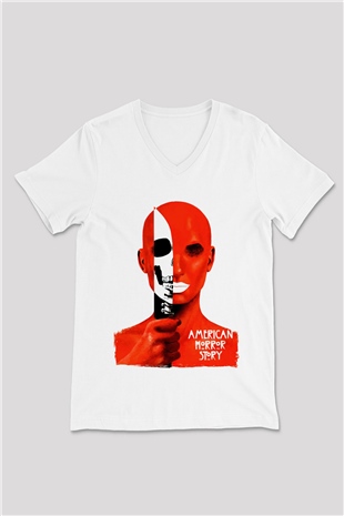 American Horror Story Beyaz Unisex V Yaka Tişört