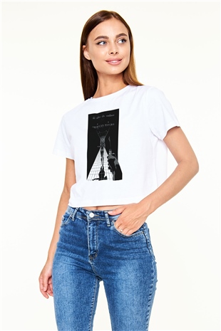 American Psycho Baskılı Beyaz Crop Top Kadın Tişört - Tshirt