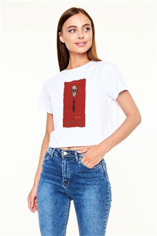 American Psycho Baskılı Beyaz Crop Top Kadın Tişört - Tshirt
