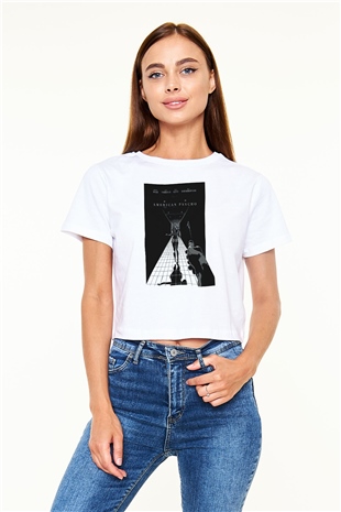 American Psycho Baskılı Beyaz Crop Top Kadın Tişört - Tshirt