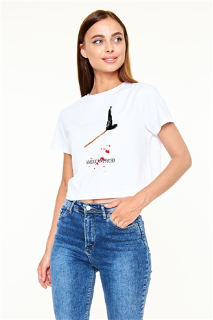 American Psycho Baskılı Beyaz Crop Top Kadın Tişört - Tshirt