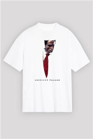 American Psycho Baskılı Beyaz Unisex Oversize Tişört - Tshirt