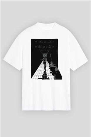 American Psycho Baskılı Beyaz Unisex Oversize Tişört - Tshirt