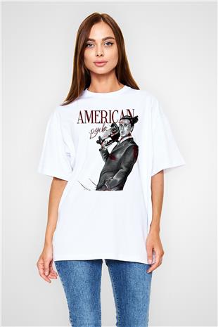 American Psycho Baskılı Beyaz Unisex Oversize Tişört - Tshirt