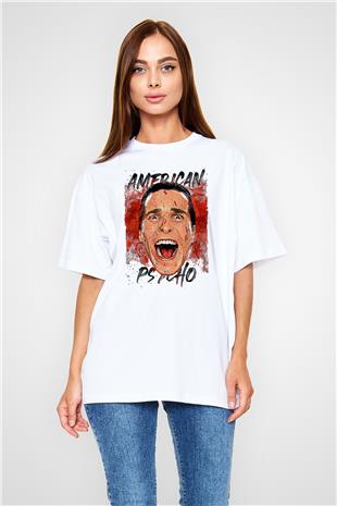American Psycho Baskılı Beyaz Unisex Oversize Tişört - Tshirt