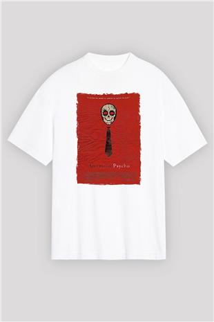 American Psycho Baskılı Beyaz Unisex Oversize Tişört - Tshirt