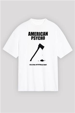American Psycho Baskılı Beyaz Unisex Oversize Tişört - Tshirt