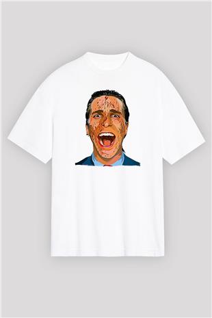 American Psycho Baskılı Beyaz Unisex Oversize Tişört - Tshirt