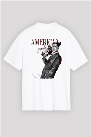 American Psycho Baskılı Beyaz Unisex Oversize Tişört - Tshirt