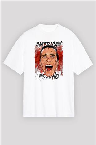 American Psycho Baskılı Beyaz Unisex Oversize Tişört - Tshirt