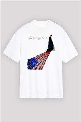 American Psycho Baskılı Beyaz Unisex Oversize Tişört - Tshirt