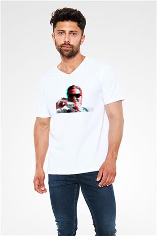 American Psycho Baskılı Beyaz Unisex V Yaka Tişört - Tshirt
