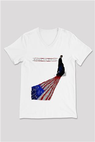 American Psycho Baskılı Beyaz Unisex V Yaka Tişört - Tshirt