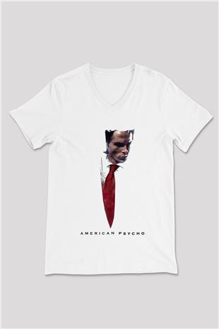American Psycho Baskılı Beyaz Unisex V Yaka Tişört - Tshirt