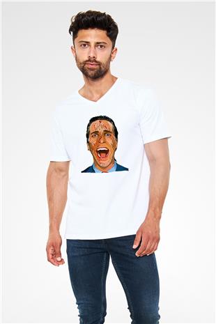 American Psycho Baskılı Beyaz Unisex V Yaka Tişört - Tshirt