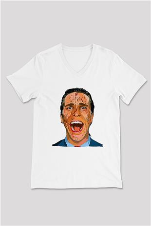 American Psycho Baskılı Beyaz Unisex V Yaka Tişört - Tshirt