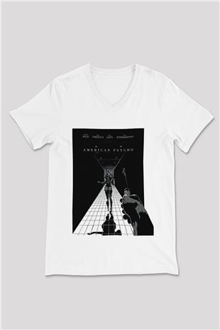 American Psycho Baskılı Beyaz Unisex V Yaka Tişört - Tshirt