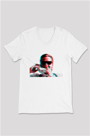 American Psycho Baskılı Beyaz Unisex V Yaka Tişört - Tshirt