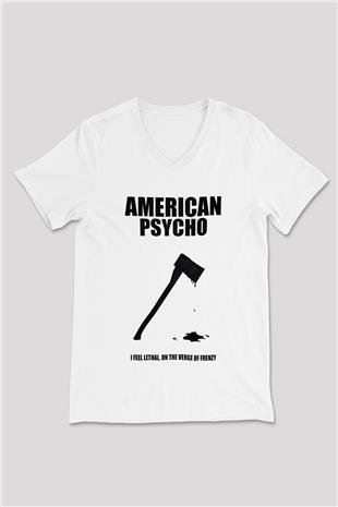 American Psycho Baskılı Beyaz Unisex V Yaka Tişört - Tshirt