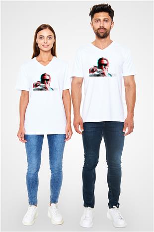 American Psycho Baskılı Beyaz Unisex V Yaka Tişört - Tshirt