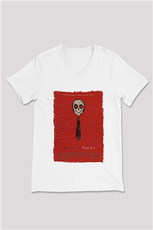 American Psycho Baskılı Beyaz Unisex V Yaka Tişört - Tshirt