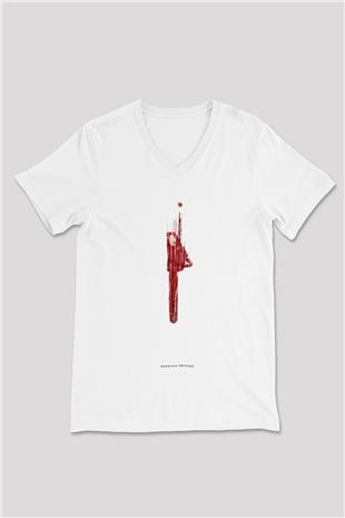 American Psycho Baskılı Beyaz Unisex V Yaka Tişört - Tshirt