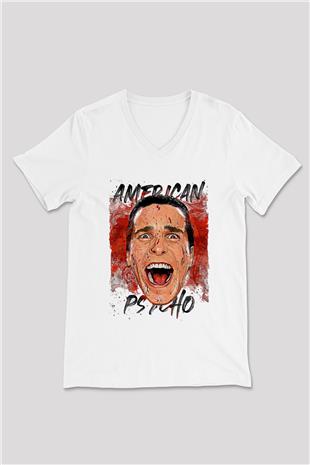 American Psycho Baskılı Beyaz Unisex V Yaka Tişört - Tshirt