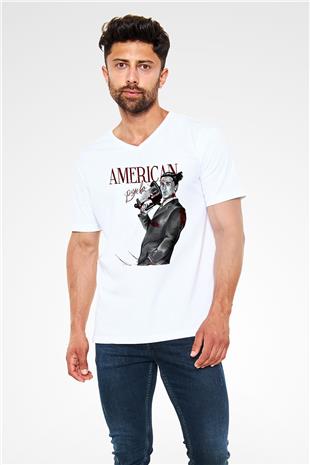 American Psycho Baskılı Beyaz Unisex V Yaka Tişört - Tshirt