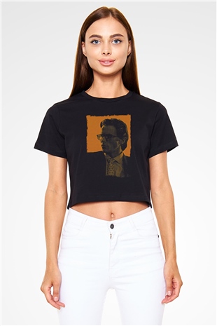 American Psycho Baskılı Siyah Crop Top Kadın Tişört - Tshirt