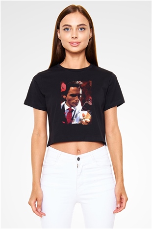 American Psycho Baskılı Siyah Crop Top Kadın Tişört - Tshirt