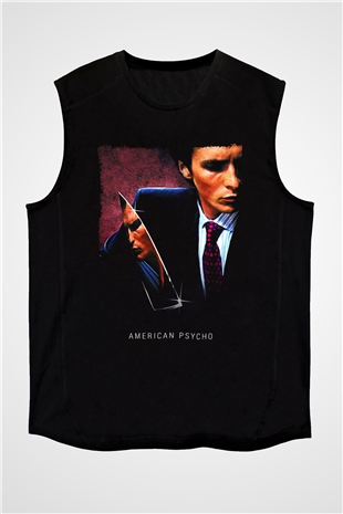 American Psycho Baskılı Unisex Siyah Kolsuz Tişört - Tshirt