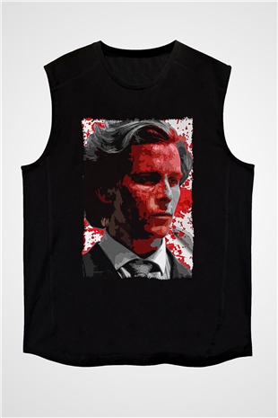 American Psycho Baskılı Unisex Siyah Kolsuz Tişört - Tshirt