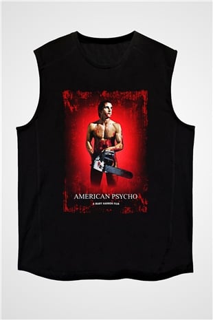 American Psycho Baskılı Unisex Siyah Kolsuz Tişört - Tshirt