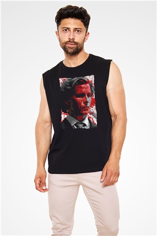 American Psycho Baskılı Unisex Siyah Kolsuz Tişört - Tshirt