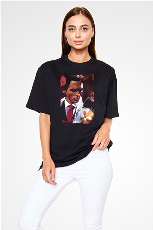 American Psycho Baskılı Unisex Siyah Oversize Tişört - Tshirt