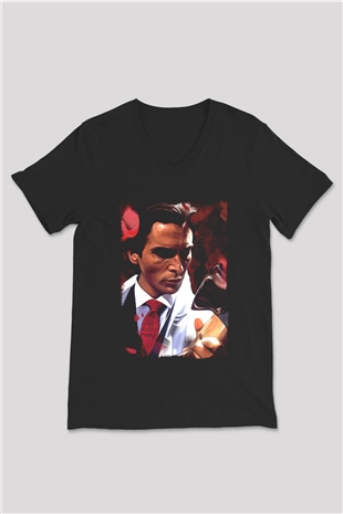 American Psycho Baskılı Unisex Siyah V Yaka Tişört - Tshirt
