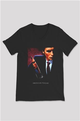 American Psycho Baskılı Unisex Siyah V Yaka Tişört - Tshirt