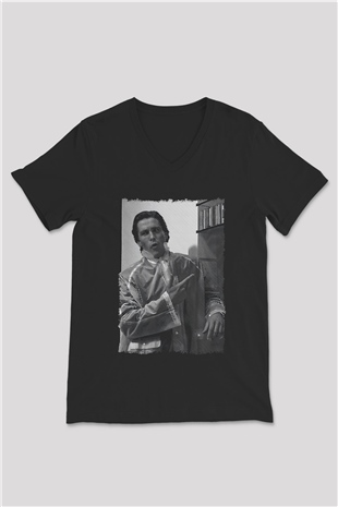 American Psycho Baskılı Unisex Siyah V Yaka Tişört - Tshirt