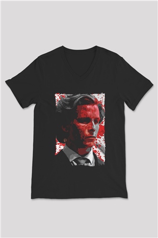 American Psycho Baskılı Unisex Siyah V Yaka Tişört - Tshirt