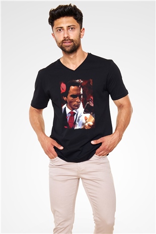 American Psycho Baskılı Unisex Siyah V Yaka Tişört - Tshirt