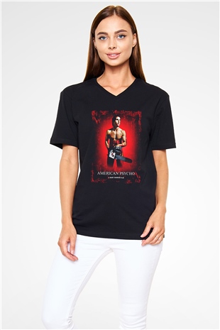 American Psycho Baskılı Unisex Siyah V Yaka Tişört - Tshirt