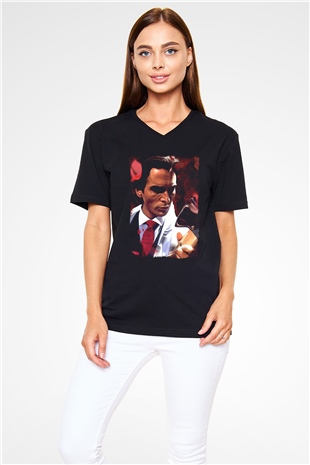 American Psycho Baskılı Unisex Siyah V Yaka Tişört - Tshirt