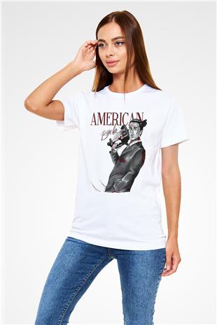 American Psycho Unisex Baskılı Beyaz Tişört - Tshirt