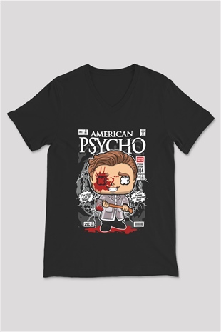 American Psyco Baskılı Unisex Siyah V Yaka Tişört