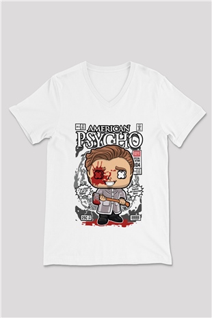 American Psyco Patrick Baskılı Unisex Beyaz V Yaka Tişört
