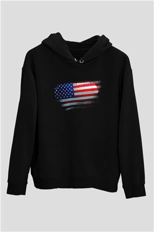 Amerika - Usa - America Bayrağı Baskılı Unisex Siyah Hoodie