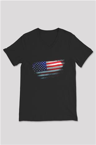 Amerika - Usa - America Bayrağı Baskılı Unisex Siyah V Yaka Tişört