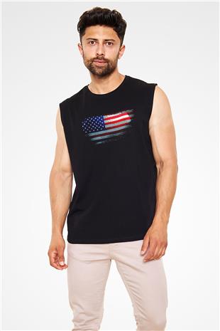 Amerika - Usa - America Bayrağı Baskılı Unisex Siyah Kolsuz Tişört