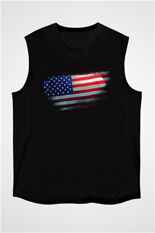 Amerika - Usa - America Bayrağı Baskılı Unisex Siyah Kolsuz Tişört