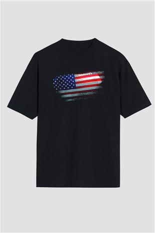 Amerika - Usa - America Bayrağı Baskılı Unisex Siyah Oversize Tişört